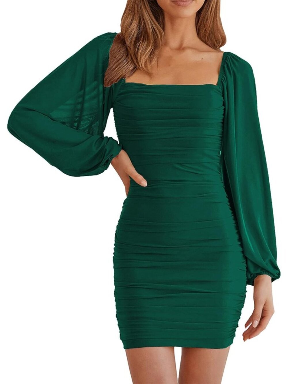 Women's Summer Long Sleeve Bodycon Green Lantern Sleeve Cocktail Mini Dress